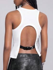 Airlisse Women Summer Punk White Rib Racer Back Tank, Double Shoulder Metal Rivets Large Back Cut Out With Adjustable Buckle Belt Slim Cropped Y2K  Top - White - View 7