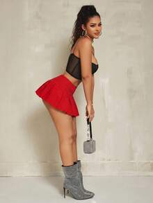 SHEIN SXY 女款素色優雅百褶牛仔迷你裙 性感街頭風 - 紅色 - 查看 6