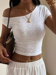 DAZY Solid Asymmetrical Neck Crop Tee,Back To School Clothes Preppy Tops - White - View 13