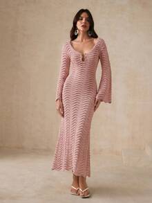 Anewsta Einfarbiges sexy gestricktes Strandkleid mit Cut-outs und welligen ausgestellten Ärmeln - Korallenrosa - Übersicht 5