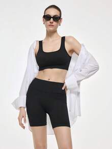 Bralution Women's Solid Color Ribbed Sports Bra And Shorts Set - Black - View 1