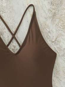 Swim Basics 2025 Women's Solid Color Ruched Backless Spaghetti Strap One-Piece Swimsuit - Coffee Brown - View 5