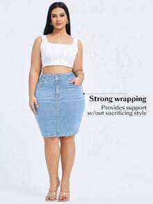 Flexra Plus Size Solid Stretchy Knit Color Denim Bodycon Skirt With Pockets, Summer Formal Light Blue Casual - Light Wash - View 3