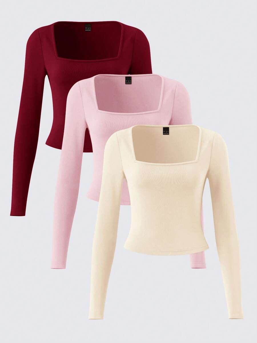 SHEIN BASICS 3件組純色針織長袖修身方領短版女款T恤，酒紅、淺粉、米色，秋季返校畢業校園風