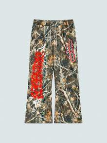Modcrash Plus Size Men's Loose Fit Cartoon Red & White Graffiti Figure & Branch Camouflage Print Knit Short Sleeve T-Shirt & Pants Set, Casual & Fashionable, Plus Size Fit, Perfect For Dates And Gatherings, Great Gift For Boyfriend - Multicolor - View 15