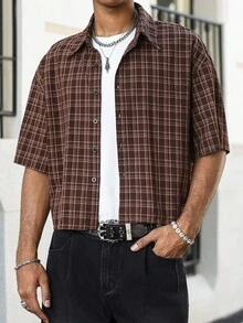 Manfinity Roghcode Men's Plus Size Summer Vintage Plaid Front Button Short Sleeve Shirt - Brown - View 1