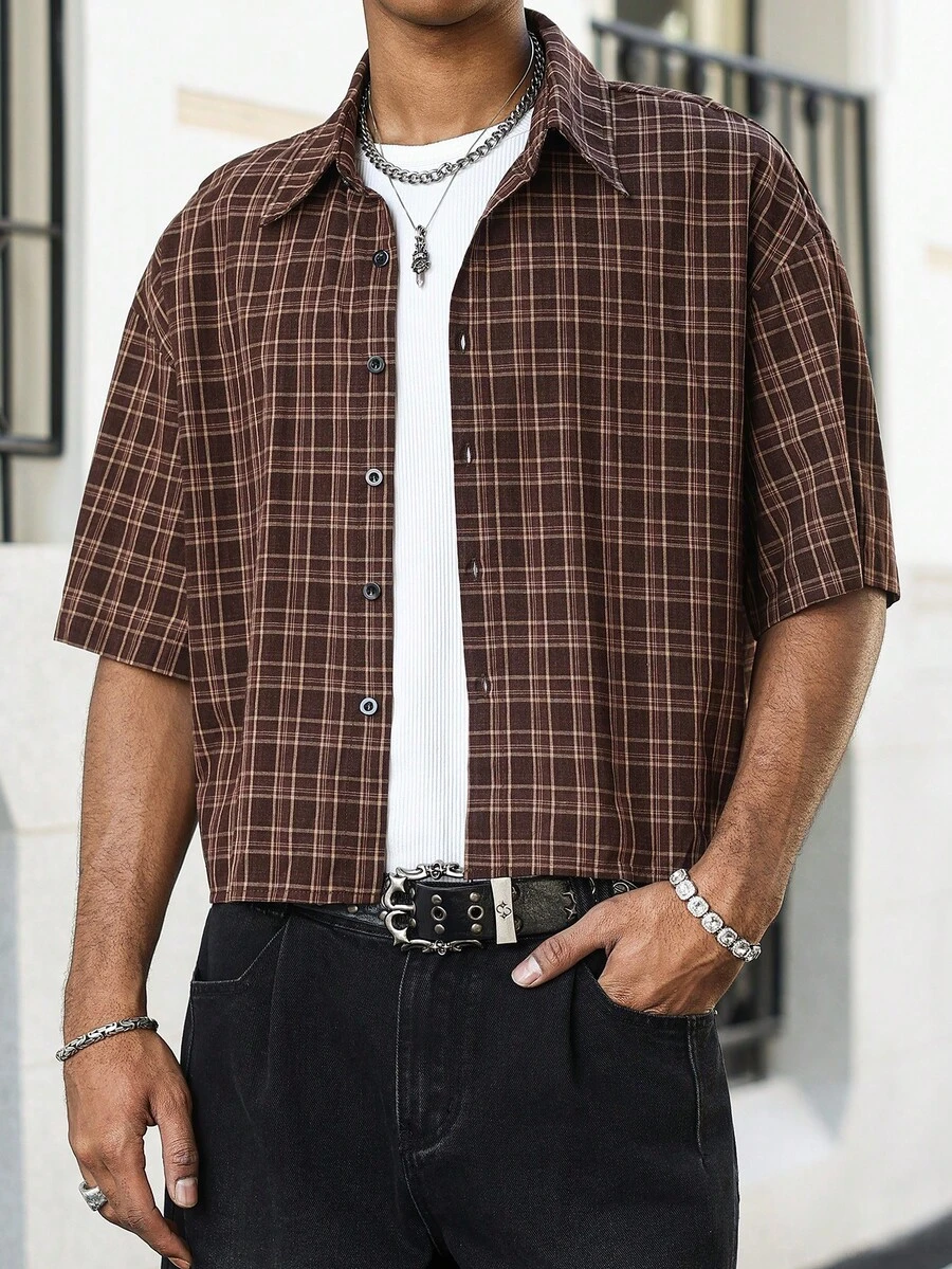 Manfinity Roghcode Men's Plus Size Summer Vintage Plaid Front Button Short Sleeve Shirt - Brown - View 1