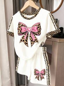 2pcs/Set, Summer New Soft Fabric Leopard Print Bow Pattern Round Neck Pullover T-Shirt + Loose Shorts, Summer Daily Wear, Holiday Wear, Beach Vacation Style, Young Girl Style - Multicolor - View 1