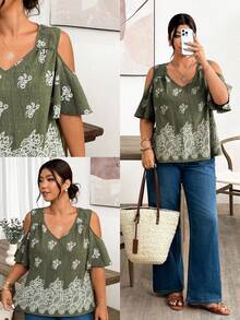 Lounesse Blusa de moda con hombros descubiertos y patrón de encaje para mujer de talla grande - Verde - Ver 2
