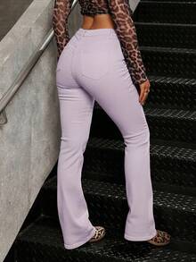 SHEIN Tall Women's Fashion Solid Color Slant Pocket Mid-Waist Denim Flare Pants - Purple - View 2