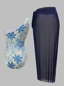 Swim Oasis 26SS 春夏印花單肩鏤空繫帶精緻優雅連身泳衣附裙 - 彩色 - 查看 2
