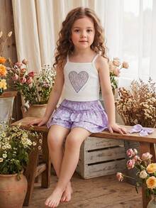 SHEIN Genkimix Kids Toddler Girls' Cute Purple Floral & Heart Print Crop Top Paired With Purple Shorts Skirt Set, Casual Summer Outfit - Multicolor - View 1