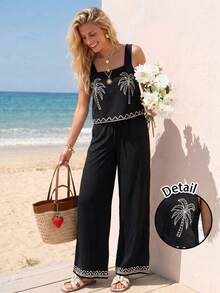 Sylviya Women's Casual Tropical Vacation Summer Floral Print Tank Top And Pants 2 Pieces Set Outfits Beach Black - Black - View 2