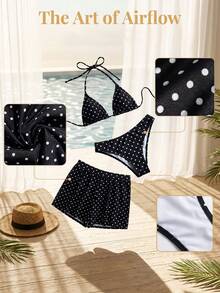 Swim Vcay Ensemble de 3 pièces de maillot de bain sexy avec liens, imprimé populaire de lys et de léopard, haute élasticité, pour la plage et les vacances - Noir - Voir 6