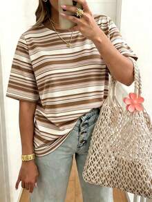 EMERY ROSE Damen Casual gestreiftes Kurzarm T-Shirt, lockeres Rundhals Design, maschinenwaschbar, für alle Jahreszeiten geeignet, bequem und niedlich, Retro Stil. - Verschiedenfarbig - Übersicht 1