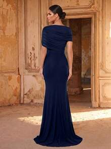 Aureia Elegant Chiffon Overlay Ruffle Decor Fishtail Bridesmaid Dress - Navy Blue - View 2