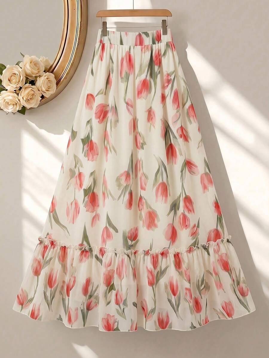 Modelyn 女款秋季梭織數位印花A字裙 荷葉邊裙襬 優雅浪漫花卉印花度假裙 - 彩色 - 查看 1