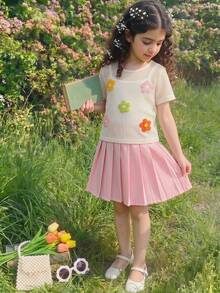 Elladie kids 青少年女孩米色淺粉色夏季度假風提花針織短版開襟上衣、針織細肩帶背心、梭織百褶迷你裙3件套，適合派對拍照 - 彩色 - 查看 4