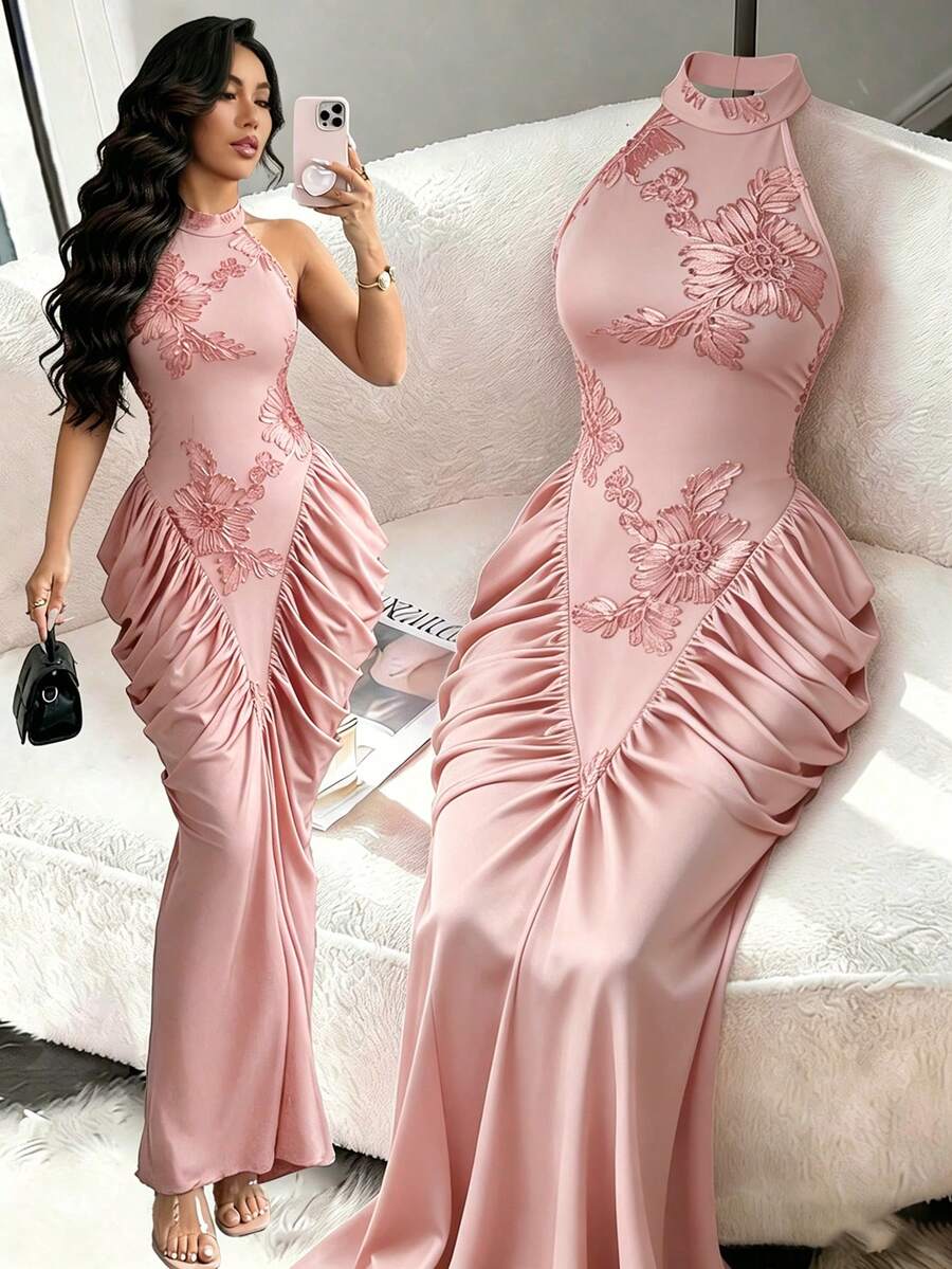 Modelyn 棕色網格提花刺繡露背掛脖修身抓皺設計時尚優雅長洋裝 - 粉色 - 查看 1