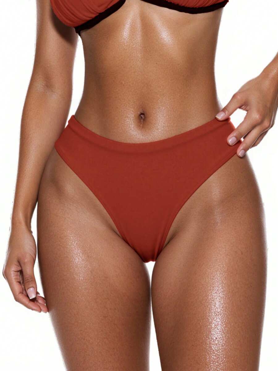 SHEIN Swim 女款夏季度假海灘素色高腰彈性泳褲下身 - 棕色 - 查看 1