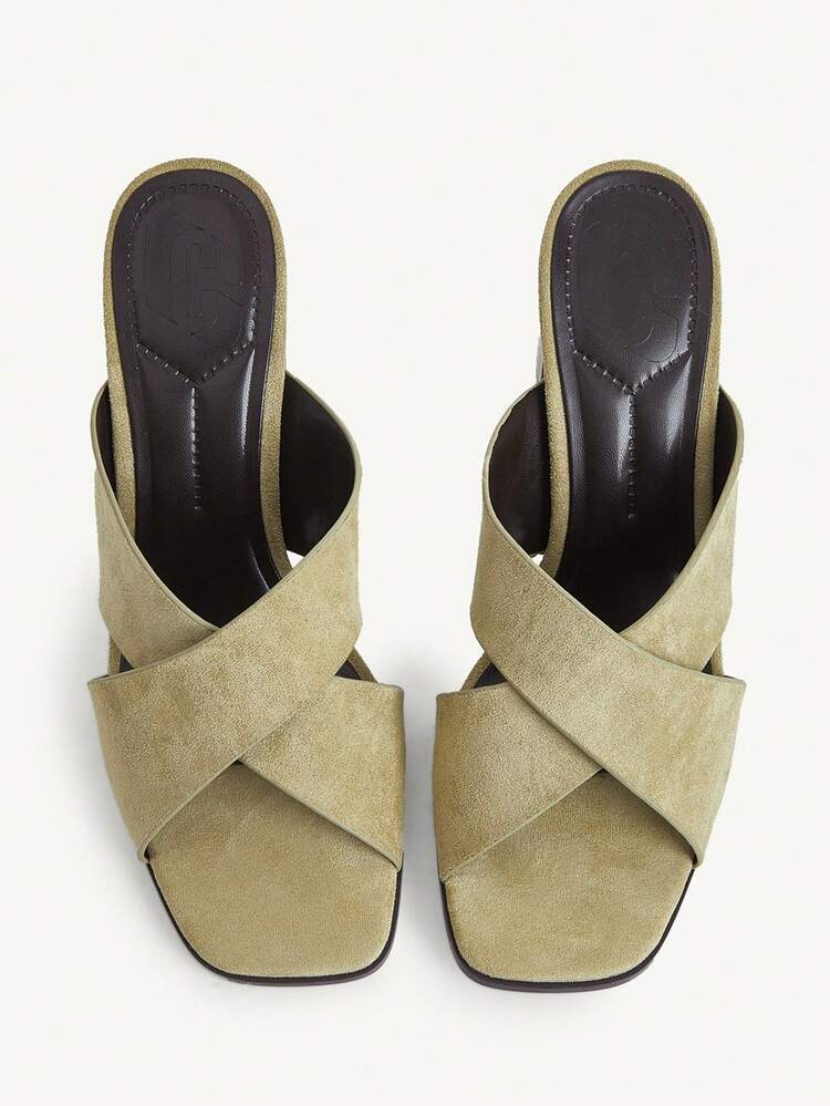 CUCCOO CHICEST Women's Shoes: New Spring-Summer Style With Cross-Strap Design, Square Toe, Chunky Mid-Heel Mules. Vintage High-End Olive Green Suede, Suitable For Daily Commuting, Dates And Summer Outfits.