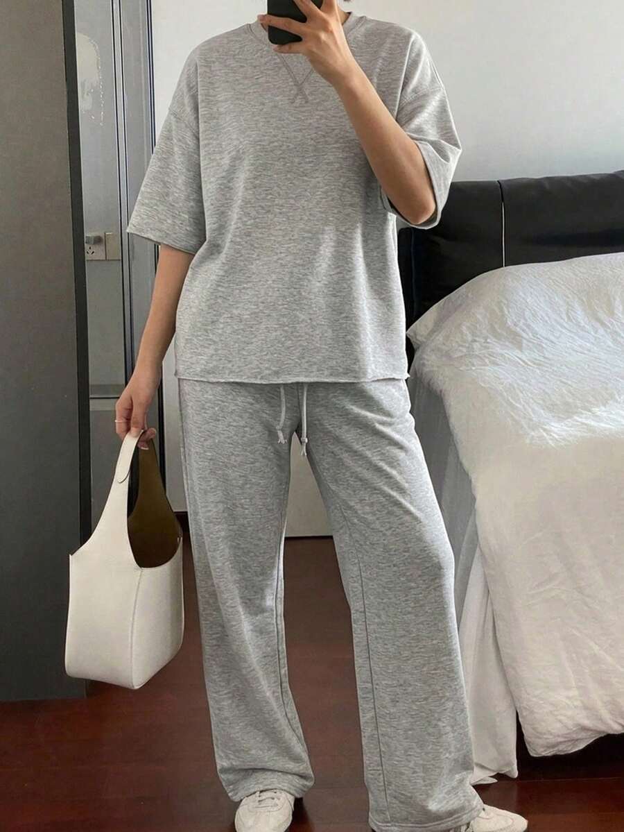 Livesso 女款純色圓領落肩短袖寬鬆極簡休閒設計夏季兩件套日常灰色校園風 - 灰色 - 查看 1