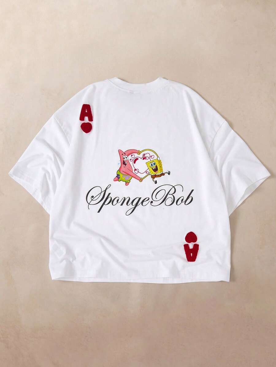 SpongeBob SquarePants | SHEIN Men's Minimalist Printed Short Sleeve T-Shirt - White - View 1