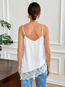 Elegant Women's Summer Camisole In Solid Color With Lace Patchwork And Side Slit - White - View 2