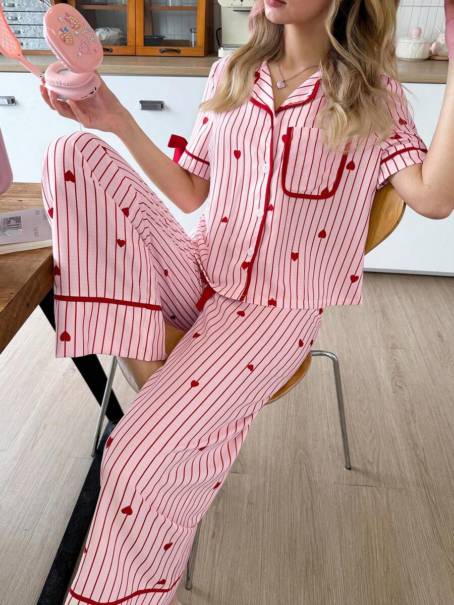 SweetSlumber Striped Heart Print Lapel Open Front Bow Tie Short Sleeve Women's Pajama Set - Multicolor - View 1