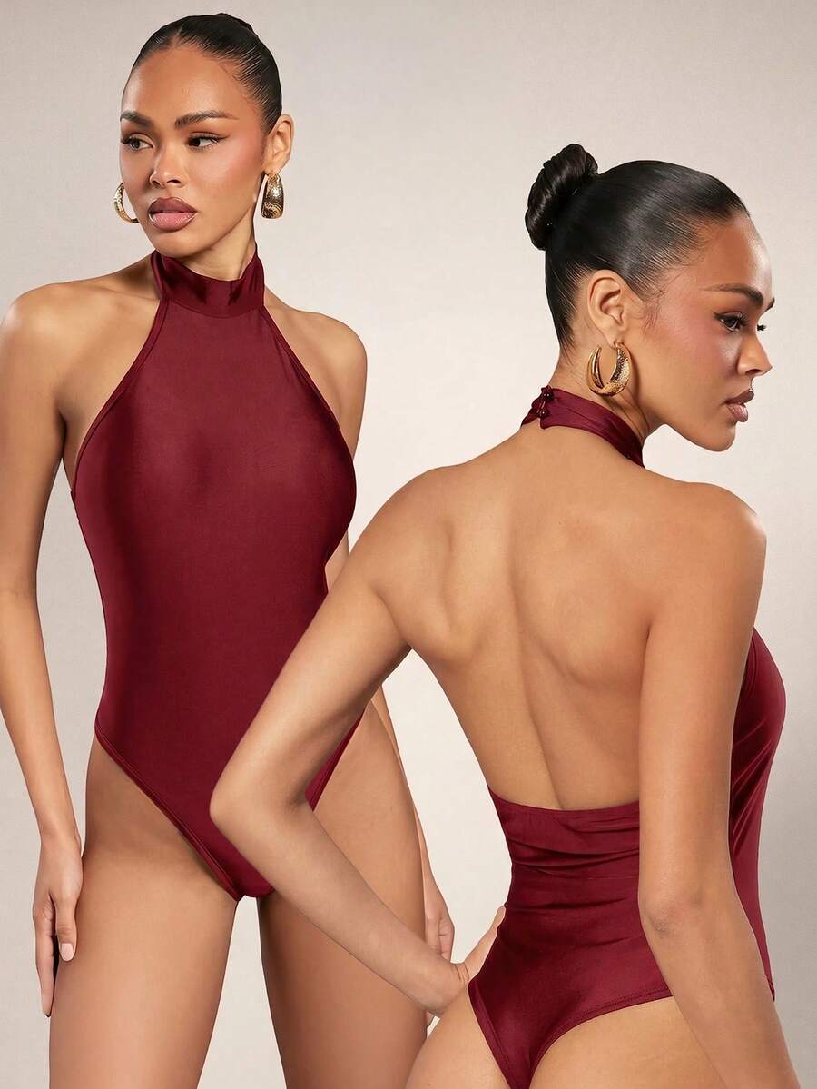 Hauture Women's Sexy Solid Color Backless Halter Neck Bodysuit For Summer - Red - View 1