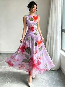 Modelyn 紫色花卉印花V領無袖長洋裝，女款時尚抓皺腰身雪紡長裙，輕盈花卉圖案夏季度假優雅穿搭 - 彩色 - 查看 3