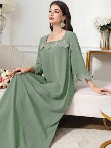 Al Najma 保守度假風復古刺繡女款阿拉伯長裙 - 綠色 - 查看 5