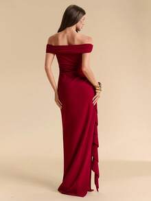 SHEIN BAE Spring/Summer Burgundy Off-Shoulder Pleated Ruffle Long Dress, Elegant High-End Evening Party Date Dress - Red - View 2