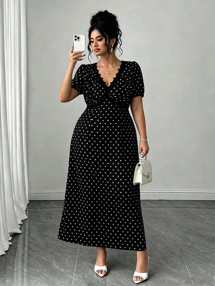 Elenzga 大尺碼女款波點印花蕾絲飾邊法式度假洋裝 - 黑色 - 查看 1