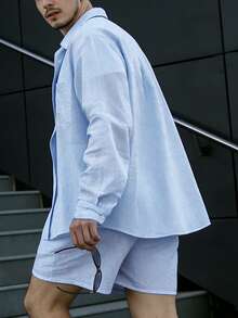 Manfinity Dauomo Men's Casual Fashion Long Sleeve Top And Shorts Set - Blue - View 2