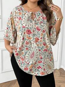 SHEIN CURVE+ Chemise à manches courtes avec col torsadé et imprimé floral d'été grande taille - Multicolore - Voir 2