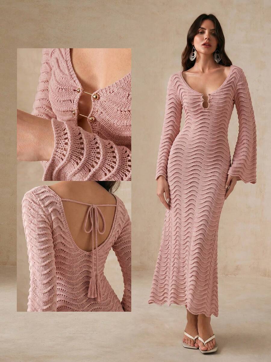 Anewsta Einfarbiges sexy gestricktes Strandkleid mit Cut-outs und welligen ausgestellten Ärmeln - Korallenrosa - Übersicht 1