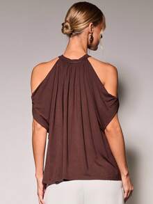 COSMINA Women's Summer Elegant Sexy Casual Solid Color Off-Shoulder Halter Neck T-Shirt Everyday Golf Pastal Going Out Brunch Date Party All Shades Of Brown - Brown - View 2