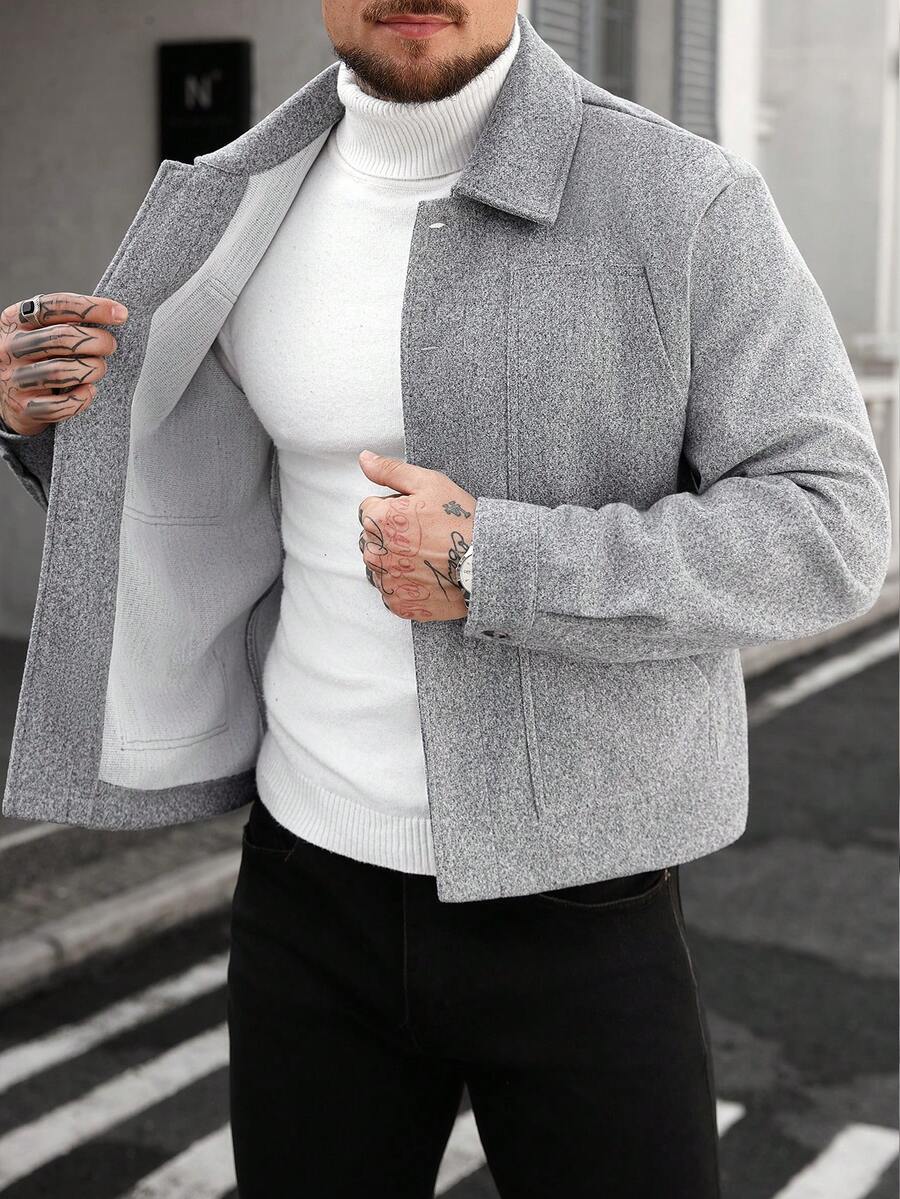 Manfinity CasualCool 男士成熟休闲风灰色翻领纽扣长袖大衣,适合万圣节、圣诞节、日常出行和商务场合。 - 灰色 - 查看 1