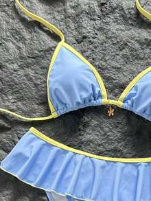 Swim Mod Women's Summer Beach Minimalist Elegant Romantic Casual Vacation Sexy Sweet Cute Swimwear Set, All-Match Versatile Blue & Yellow Colorblock Design, Halter Neck Bikini Triangle Top, Ultra Short Ruffle Hem Skirt Bottom, Metal Flower Pendant Decoration On Chest, Suitable For Beach, Resort, Spa, Music Festival, Honeymoon And Casual Vacation - Multicolor - View 6