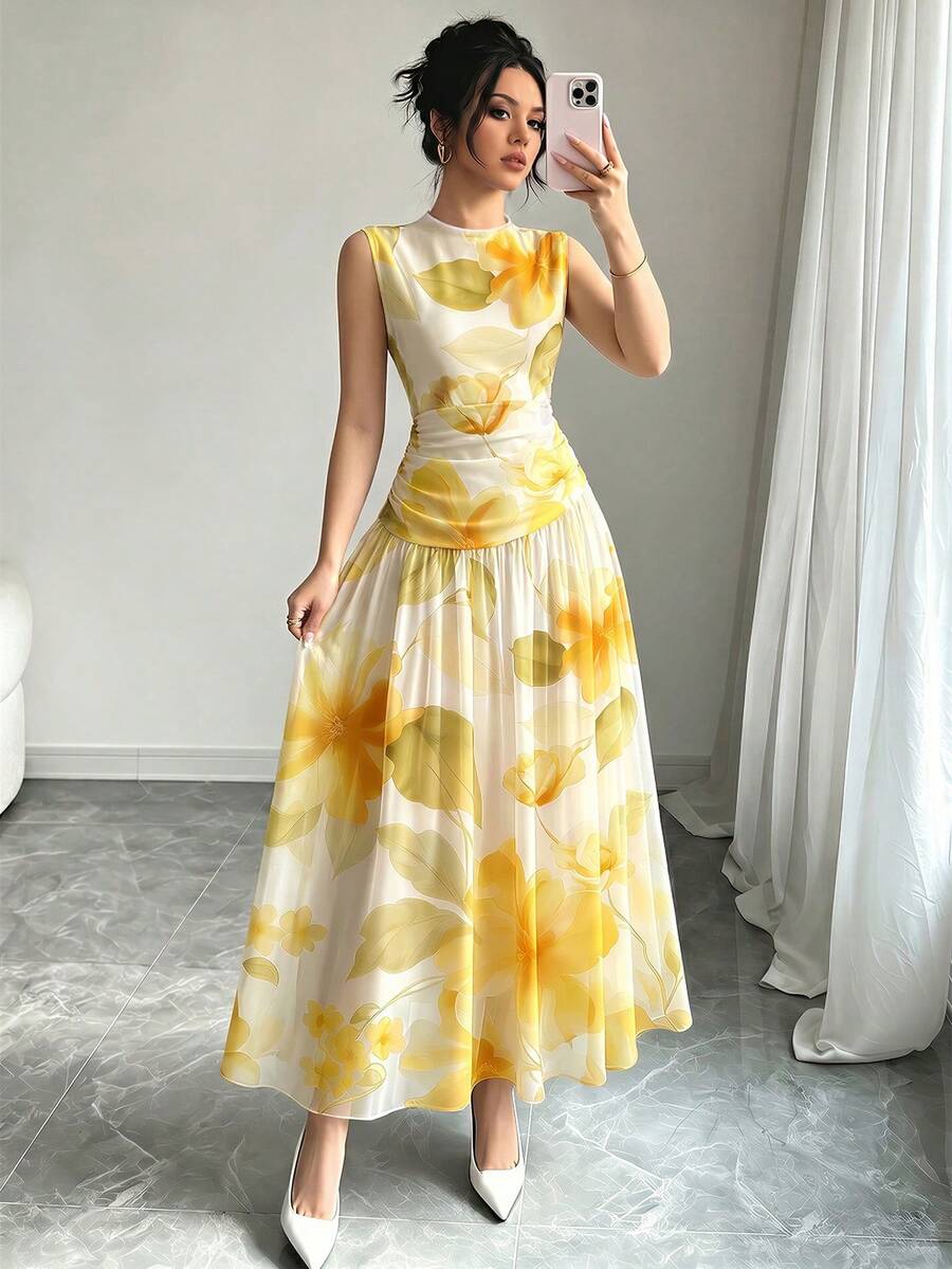 Modelyn 淺黃色花卉印花法式無袖長洋裝,女款時尚低領收腰長裙,抓皺腰部設計,花卉圖案桃色雪紡長洋裝,夏季度假風,優雅日常穿搭 - 彩色 - 查看 1