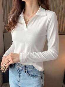 DAZY Women's Round Neck Solid Color Basic White Short Sleeve T-Shirt, Spring/Summer - White - View 2
