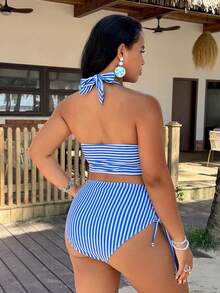 Swim Vcay Ensemble de maillot de bain de plage pour femmes 2026, nouveau, printemps/été, col licou, imprimé rayé, grande taille - Multicolore - Voir 2