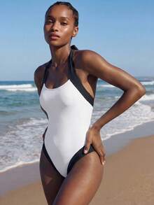 Maija Women's Vacation Beach Colorblock Halter Neck Tie One-Piece Swimsuit White Summer Sexy - White - View 4