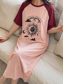 DAZY Sun Graphic Raglan Sleeve Long Dress, Women Summer Sleepwear - Pink - View 6