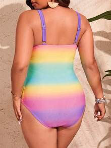 Slaydiva Baju Renang Terusan Tanpa Lengan Ukuran Besar untuk Pantai Musim Panas dengan Pinggang Tinggi dan Leher V Motif Ombre - MultiWarna - View 2