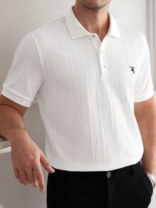 Calvornis Men's Knitted Geometric Jacquard Embroidery Accent Casual Business Short Sleeve Polo Shirt, Formal - White - View 5