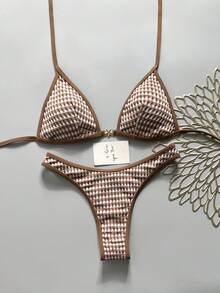 Swim Vcay 春夏純色三角式無鋼圈掛脖露背上衣與泳褲女款性感比基尼泳裝套裝，適合海灘度假 - 棕色 - 查看 3