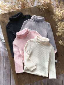 SHEIN Emery Rose Kids 4件/組少女高領羅紋針織休閒T恤，高彈性翻領底層T恤女童秋季服裝，適合日常休閒出遊 - 彩色 - 查看 3