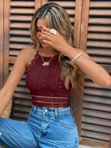 SHEIN Frenchy Ladies' Lace Splice Halter Off Shoulder Top Neck Tank Top - Burgundy - View 7